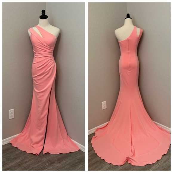 NEW JOVANI SZ 4 BLUSH ASYMMETRICAL ONE SHOULDER FORM FIT FORMAL EVENING GOWN - Picture 2 of 16